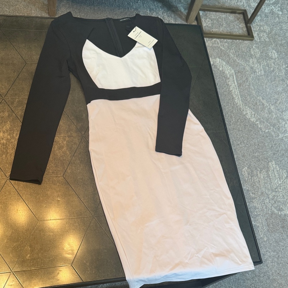 Elegant Long Sleeve Black and White Dress